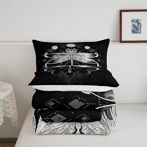 Miniatura 4 de Erosebridal Juego de ropa de cama de libélula, juego de edredón de sol y luna, tamaño matrimonial, juego de edredón hippie con estrellas y luna,