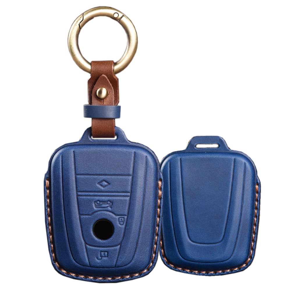 SANRILY for BMW I3 I8 Key Fob Cover 2014-2019 Keyless Entry Keychain Holder Full Protection Retro Hand-Made Leather Key Case Shell Blue