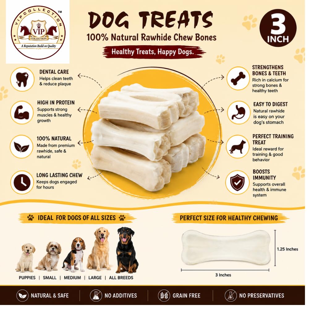 VIPCOLLECTION Dog Chew Bones 3 Inch Rawhide Dog Treats, Natural Chewing Bones for Small & Medium Dogs, Supports Dental Health, Training Reward & Daily Chew Snack (72) 2