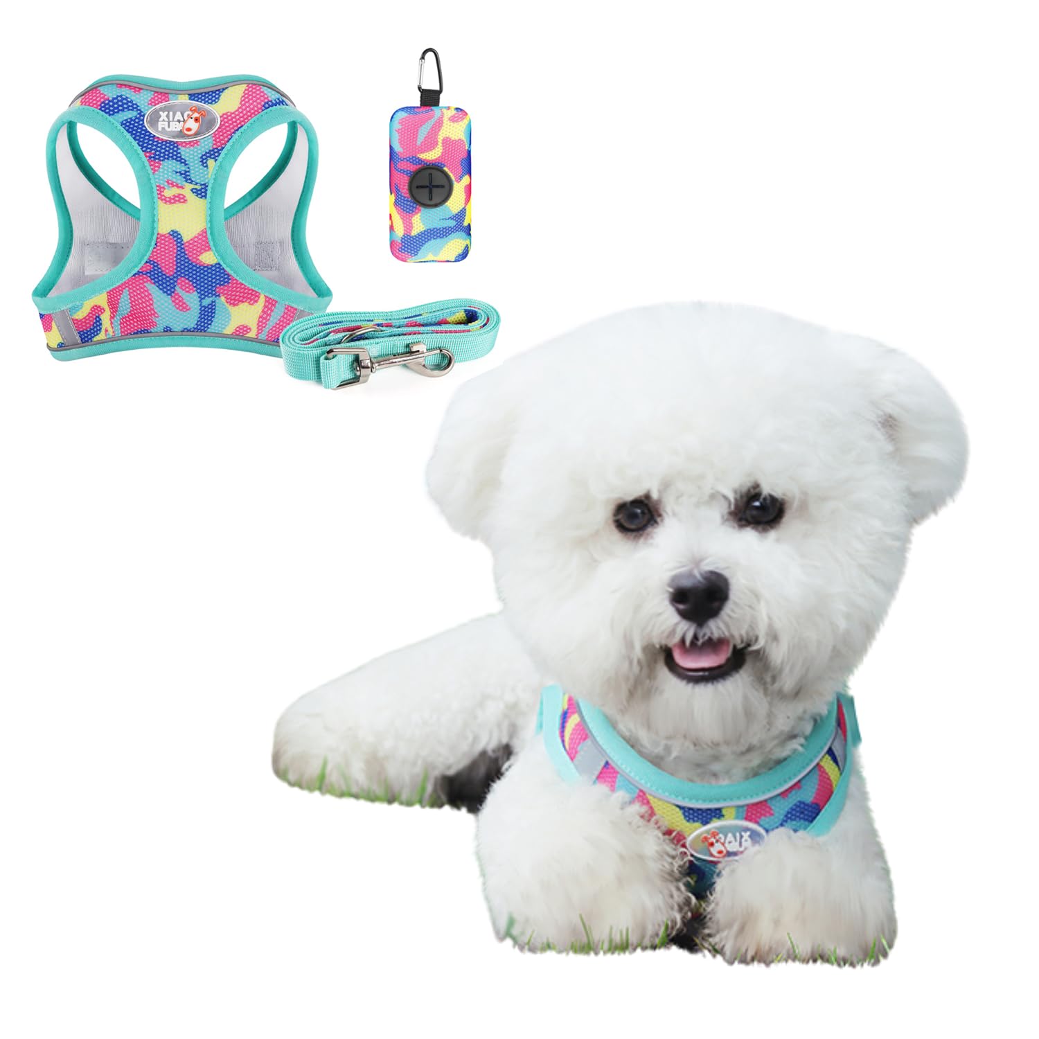BT Bear Dog Harness,3 In 1 Dog Harness Lead and Bag Set,Adjustable No Pull D-ring Reflective Mesh Dog Vest Harness Pet Harness for Puppy Small Dogs,Colorful S