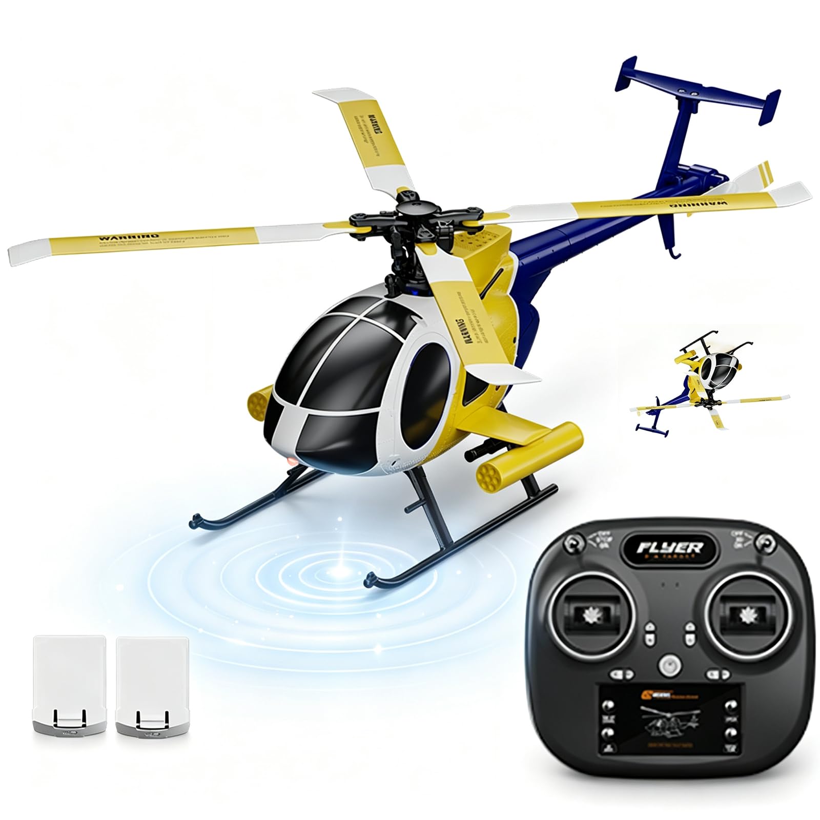 MD500 K300 Remote Controlled Helicopter 2.4Ghz 6CH RC Helicopter Heli Aileronless Brushless Motor Optical Flow Position Fly Upside Down 6-Axis Gyroscope 2-Batteries for Adults Beginners (RTF Yellow)