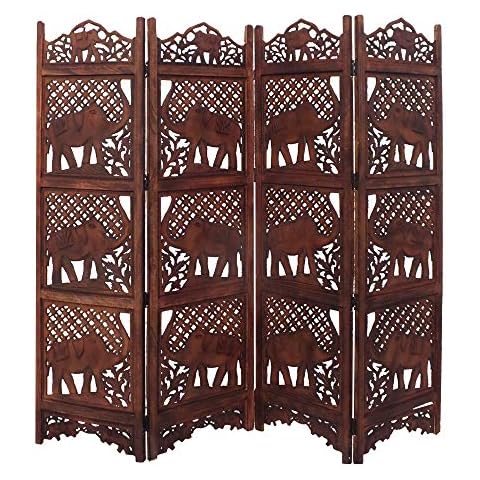 Benzara BM34823 Hand Carved Elephant Design Foldable 4-Panel Wooden Partition Screen/Room Divider, Brown Cover