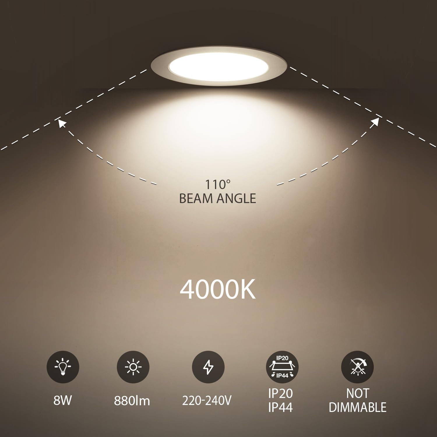 LVWIT Downlight Led Techo Empotrable,Ojos de Buey Led para Techo,Focos led Interior Techos de 8W,Foco Neutro Blanco de 4000K,Ideal Para Baños,Pasillos,Oficina,880Lúmenes,Ø123mm,IP44,6U,No Regulable