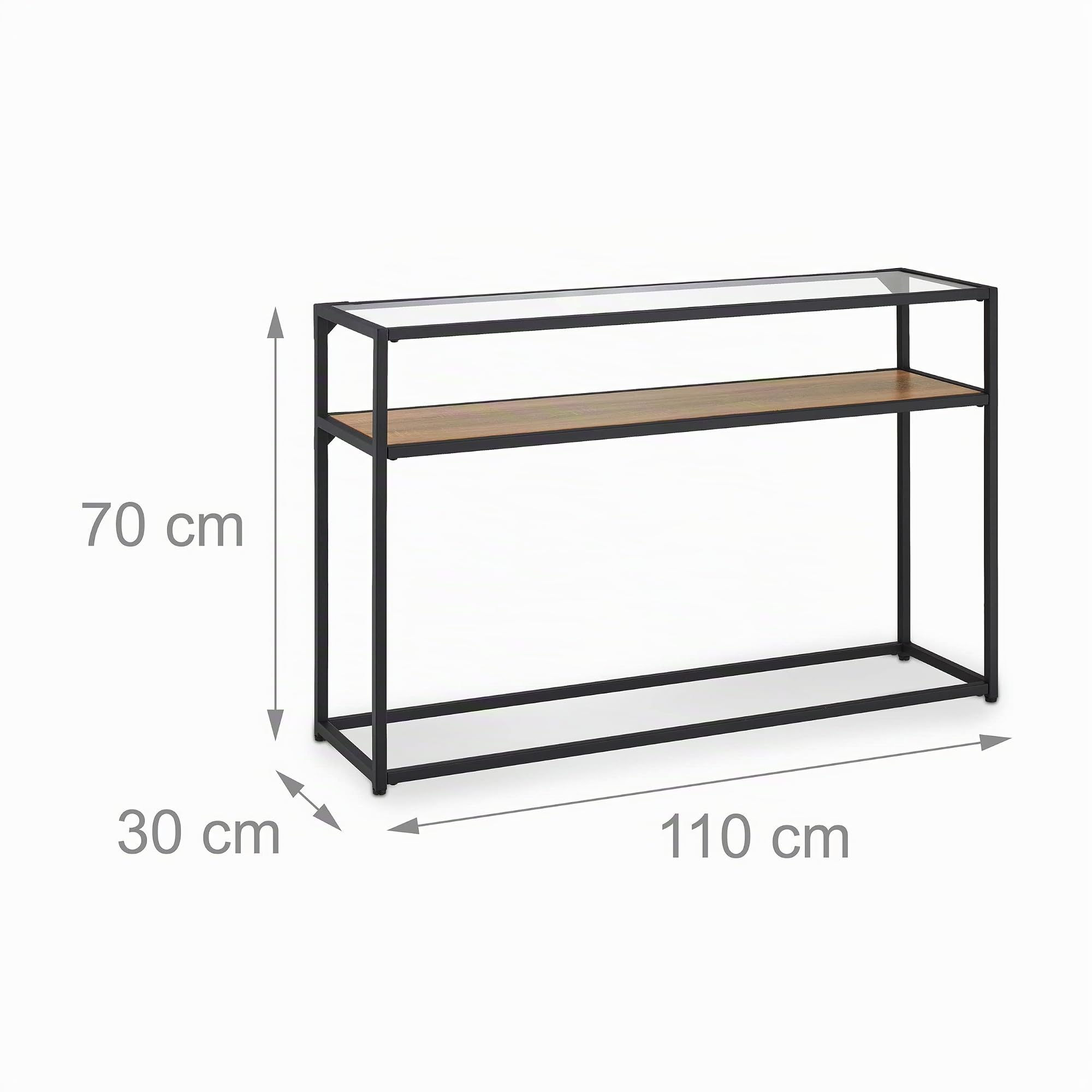 Relaxdays Console 2 Plateaux, Couloir et Salon, 70x110x30 cm, métal, Verre, Aspect Bois, Support à étagères, Noir-Marron