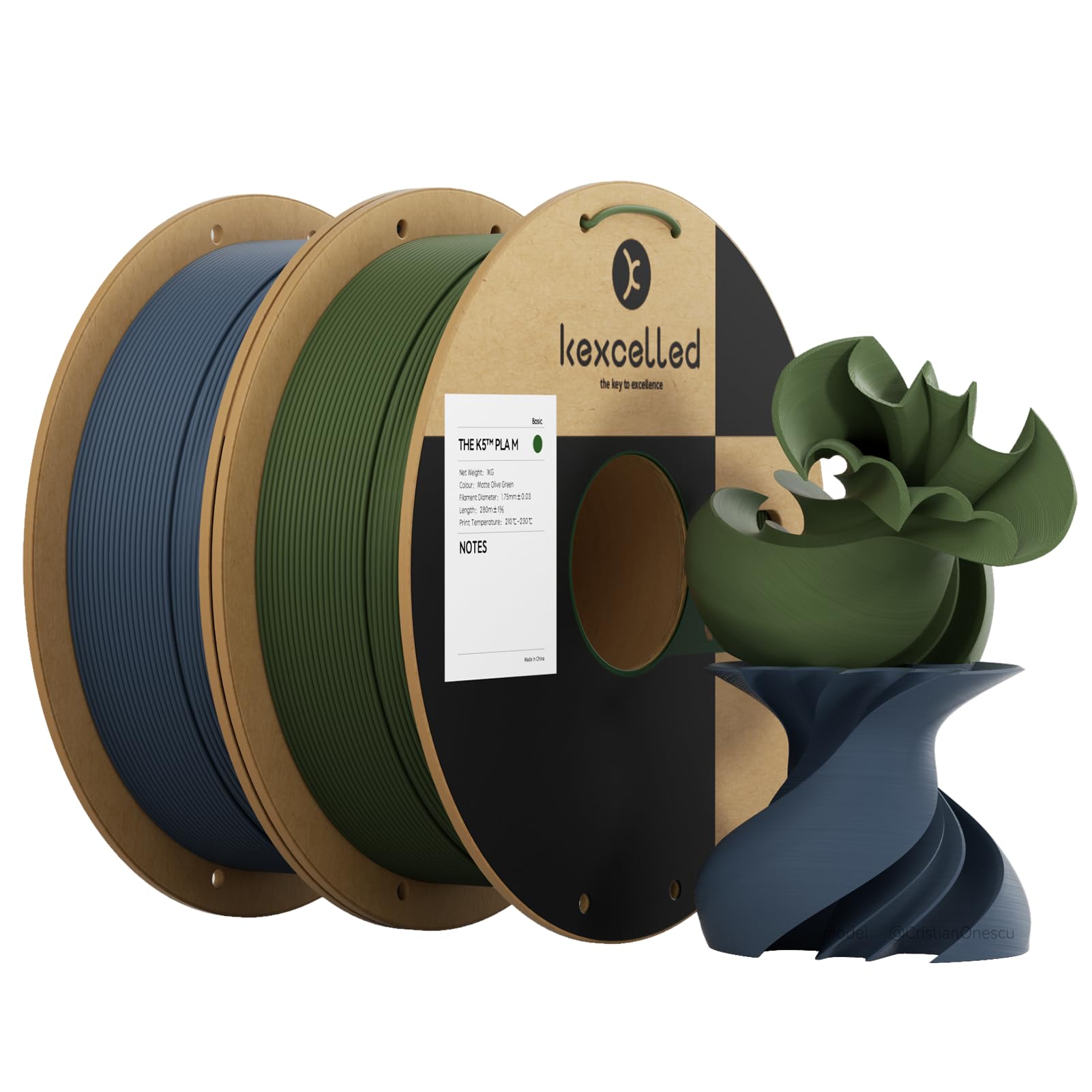 kexcelled PLA Mat Filamento per Stampante 3D 1,75 mm +/- 0,03 mm, Texture di Colore Matta, Adatto a Moltissime Stampanti FDM, Totale 2 kg, Verde Oliva/Blu Navy