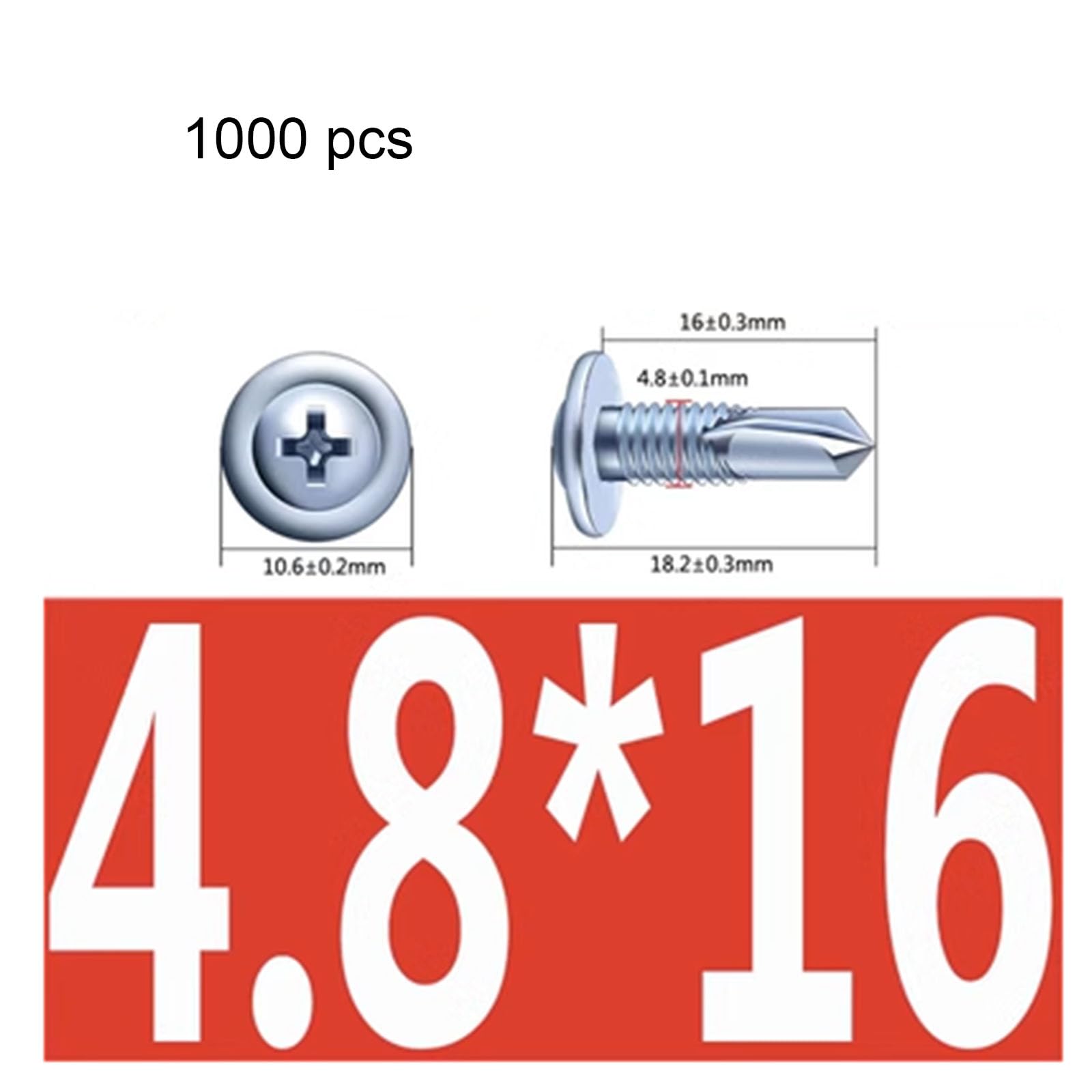 1000 Stück M4,8 Flachkopf-selbstschneidende Schrauben-Sortimentsset, Edelstahl-Holzschraube Flachkopf - Silber 4,8 * 16 mm