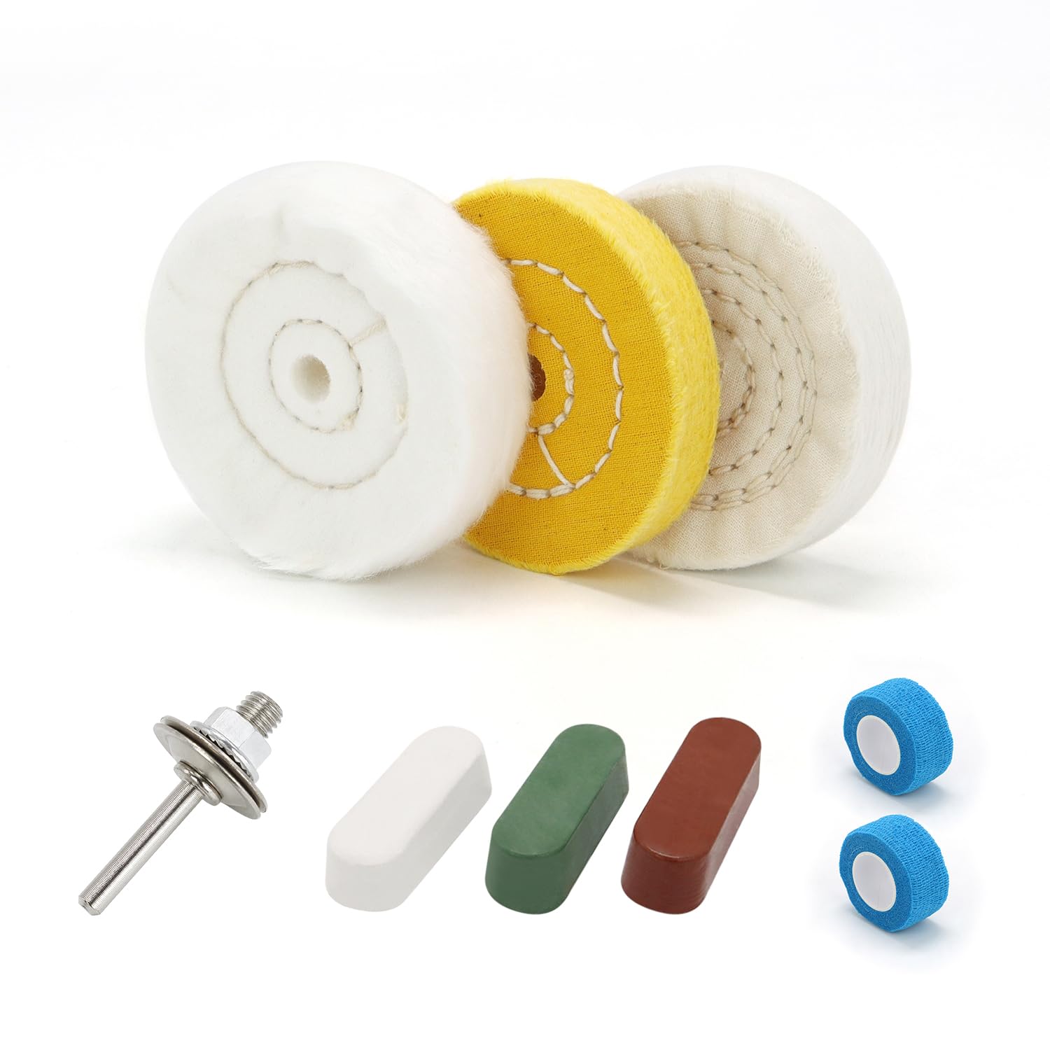 SCOTTCHEN 3inch Buffing Polishing Wheel with 1/4" Shank for Drill, 3/8" Arbor Hole,Soft/Fine/Medium -3pcs,with Buffing Polishing Cutting Compounds 7.4 Oz.Kit,with 2 Pack Non-Woven Bandage
