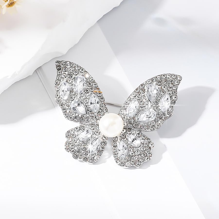Image of Butterfly Crystal Rhinestone Brooch Pin for Women Colorful Glitter Pearl Bead Lapel Pins Hats Clothes Dress Accessories Jewelry