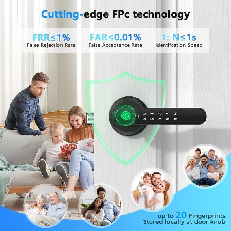 4-in-1 Biometric Fingerprint Smart Door Lever,Keyless Entry Door Handle with App Control&Auto Lock,Minimalist Digital Lock with Hidden Keyhole for Bedroom,Home Office or Airbnb Hosts,Black