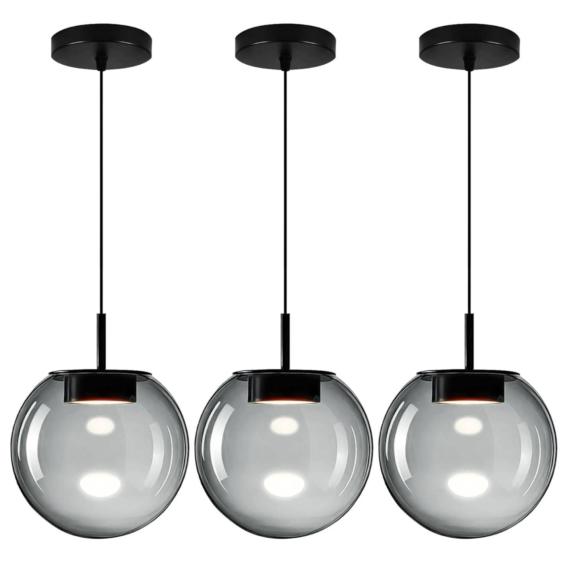 Bravsekai 3CCT Smoke Glass Pendant Light for Kitchen Island with 120cm Adjustable Cord, Modern Pendant Lighting Fixtures for Kitchen, Dining Room, Living Room(20cm, 3-Pack)