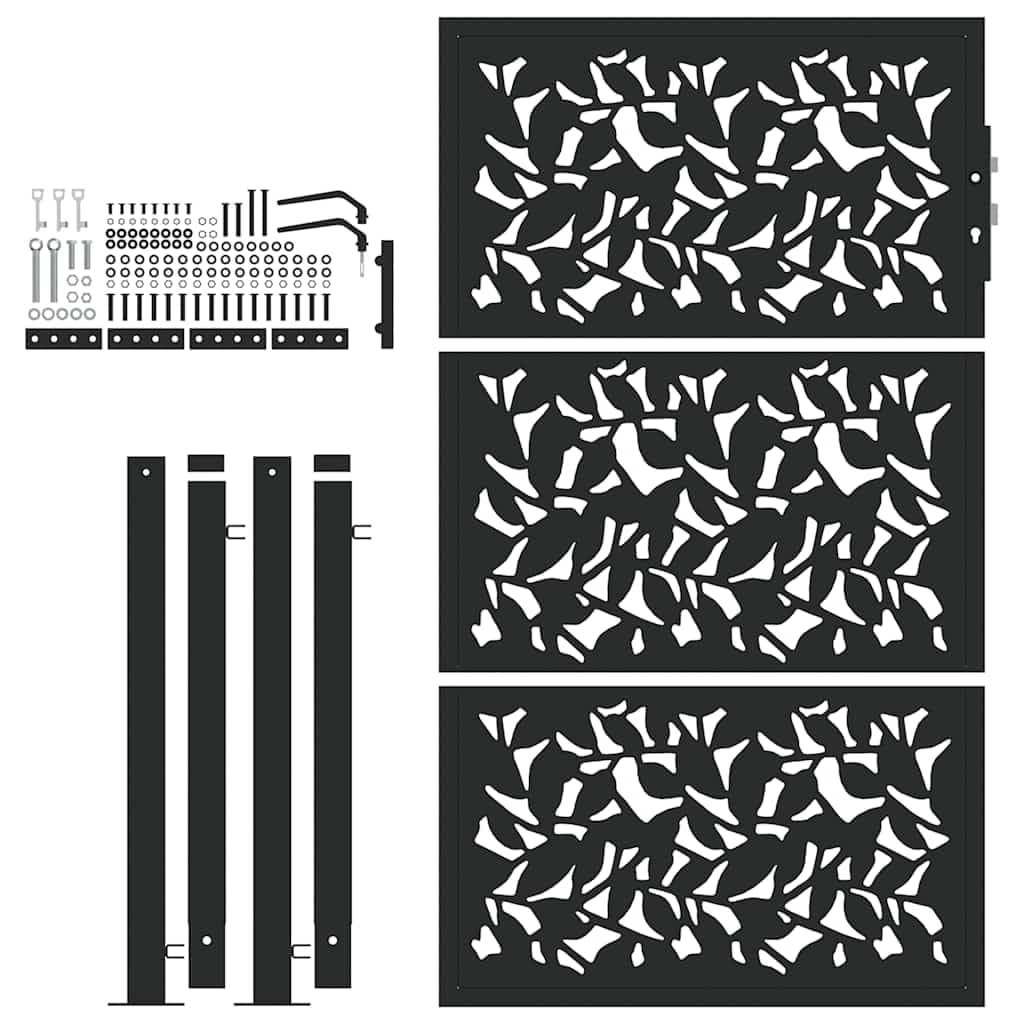 IKAYAA Puerta de Jardín 105x155 cm, Puerta para Valla con Sistema de Cerradura Acero Oxidado, diseño de Hojas Negro