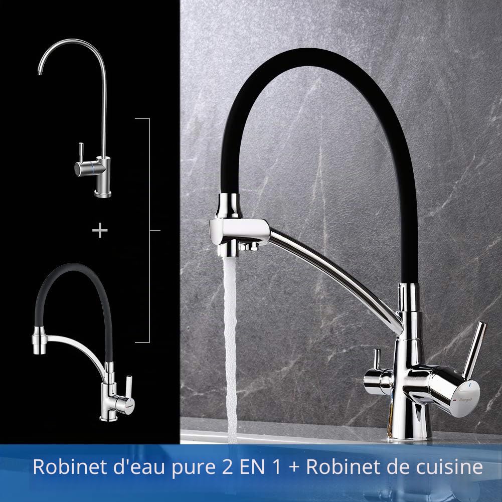 Ibergrif ‎M22128-2, Robinet de Cuisine à 3 voies, Mitigeur de Cuisine Flexible, Robinet d'Évier d'Eau Potable Réglable à 360° (Double Poignée), Corps en Laiton, Chrome, Argent/Noir
