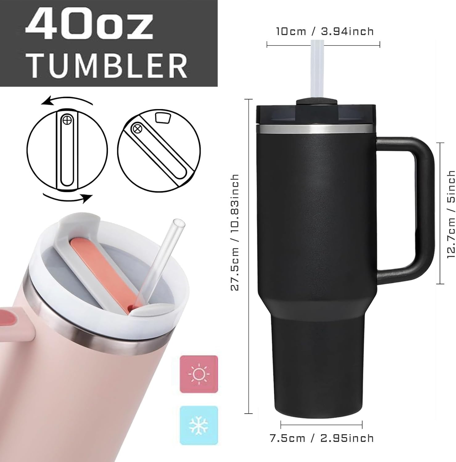 AMZUShome 40 OZ Goth Black Skull Tumbler with Handle.Skull Lover Goth Gifts.Unique Birthday Christmas Halloween Gifts.Personalized 40 OZ Goth Black Skull with Flower Tumbler Gifts for Women Men. - Image 2