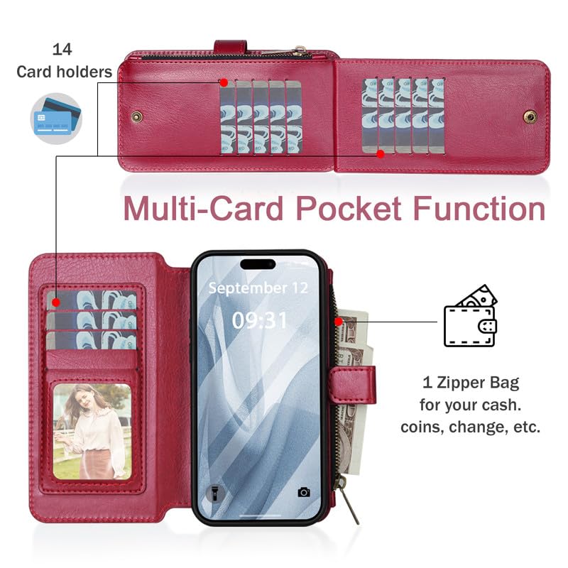 Galaxy S26 Handy Hülle【Abnehmbar, Mutil-Funktion】 Wallet Case Magnet Klapphülle PU Leder Etui Flip Cover Geldbörse Geldbeutel für Samsung Galaxy S26 - Rot