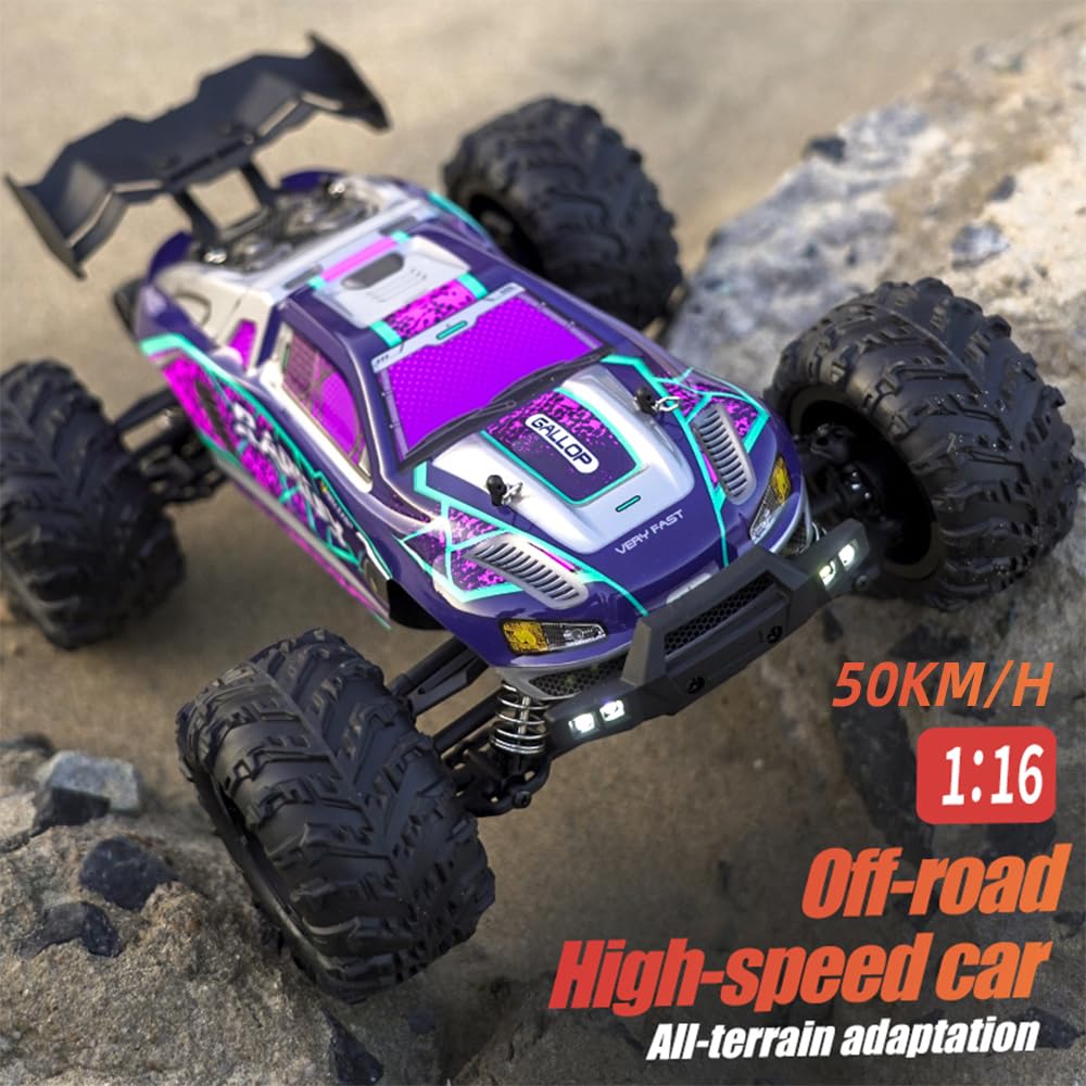 X-Verse Coche teledirigido 1:16, 50 km/h, cepillo de carbón, motor RC de alta velocidad, Offroad Drift, coche de carreras, 2,4 GHz, 4 WD, todo terreno, todoterreno, coche de carreras, 3 pilas (morado)