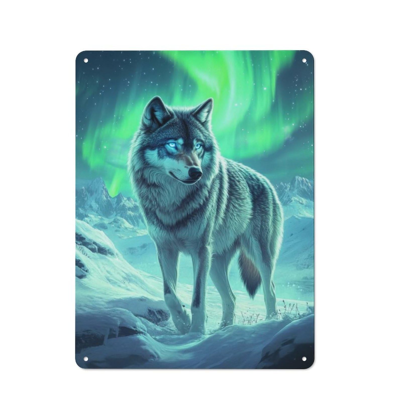 Junmoney Wolf Under Aurora Borealis Tin Wall Plaque 40X30cm With For Living Room Or Hallway, For Garage, Workshop And Man Cave Decoration