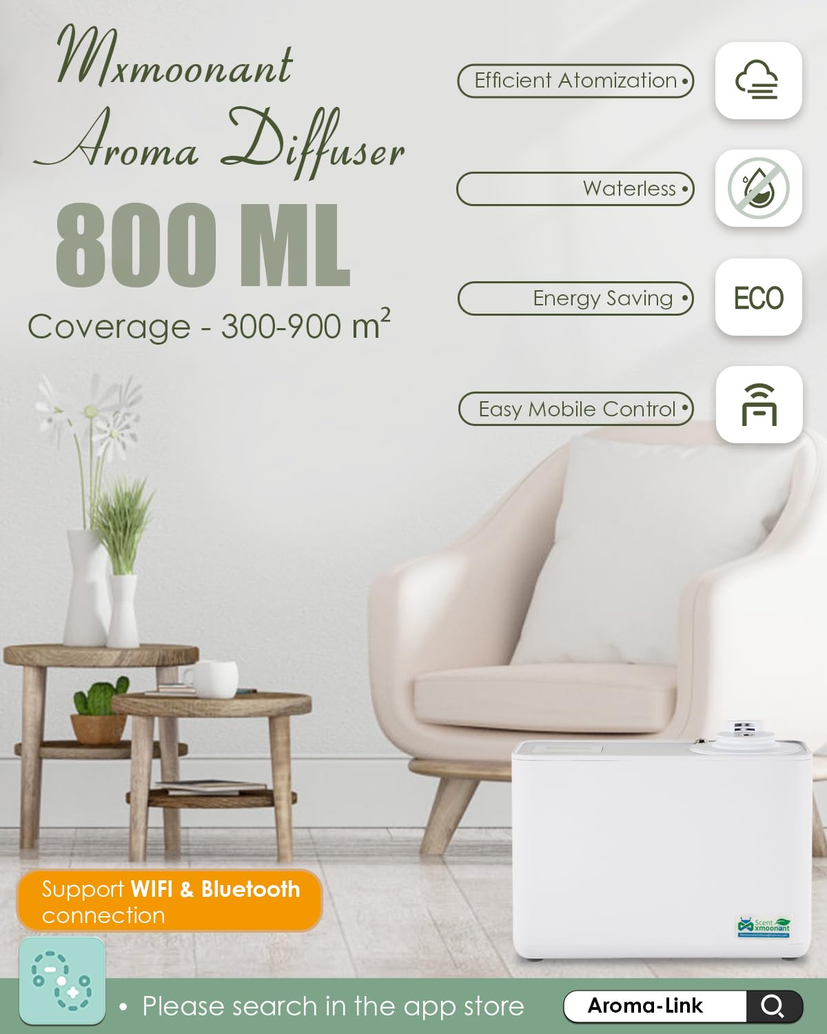 Mxmoonant Diffusore di Oli Essenziali senza Acqua con Nebbia Fredda, Copertura 4000m³, Bottiglia di Olio da 1000ml, da Parete, App Control&Timer, Commerciale, per Auditorium, Negozio, Hotel