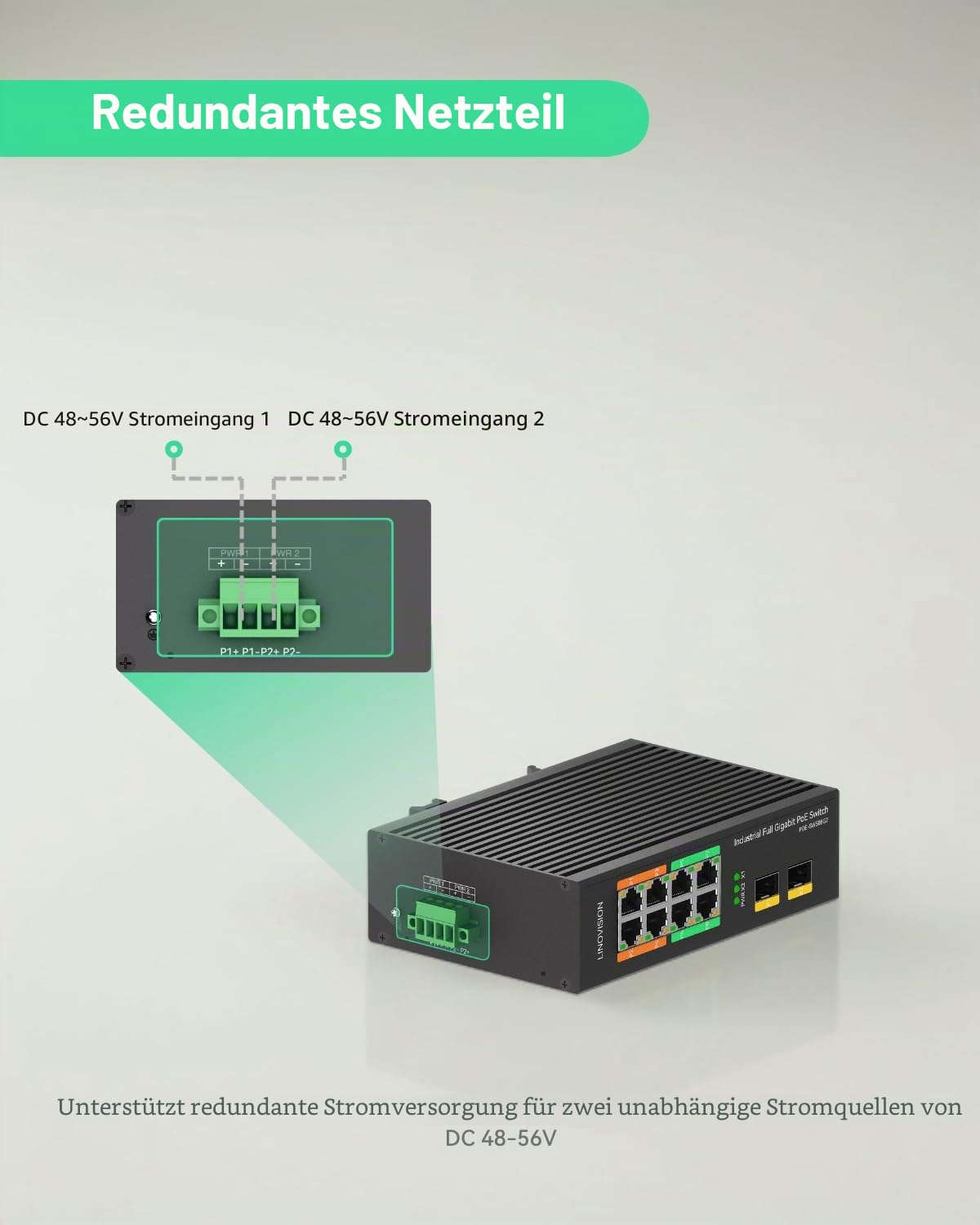 LINOVISION Industrial 8-Port Full Gigabit POE Switch Mit 4 BT 90-W-Ports, Gesamt-Budget 120 W, PoE-watchdog, DIN-Schienen-Switch für PTZ-Kamera/Beleuchtung/Monitor