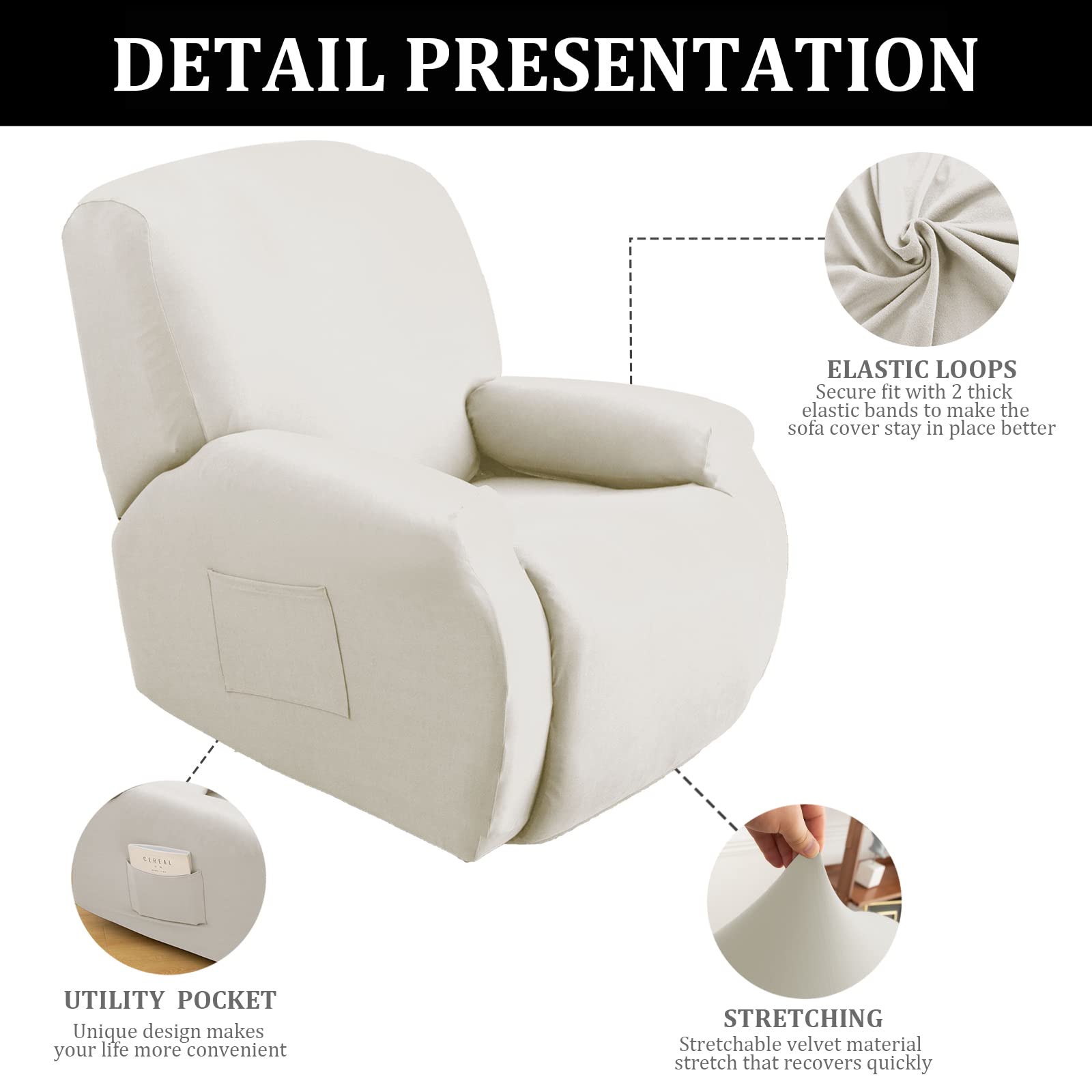 Jaotto Copripoltrona Relax Reclinabile,Fodere Copripoltrona 1 Posto Universale,Moderne Copripoltrona Relax Reclinabile con Tasche Lavabile,Coperture per Divano da Massaggio,Beige