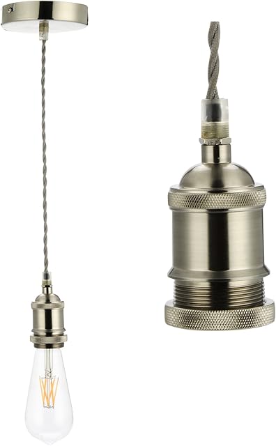 COZZY Vintage Ceiling Pendant Light Fitting, Light Grey Twisted Braided Flex,E27 Lamp Holder Suspended Pendant Light Fitting Kit-Satin Nickel