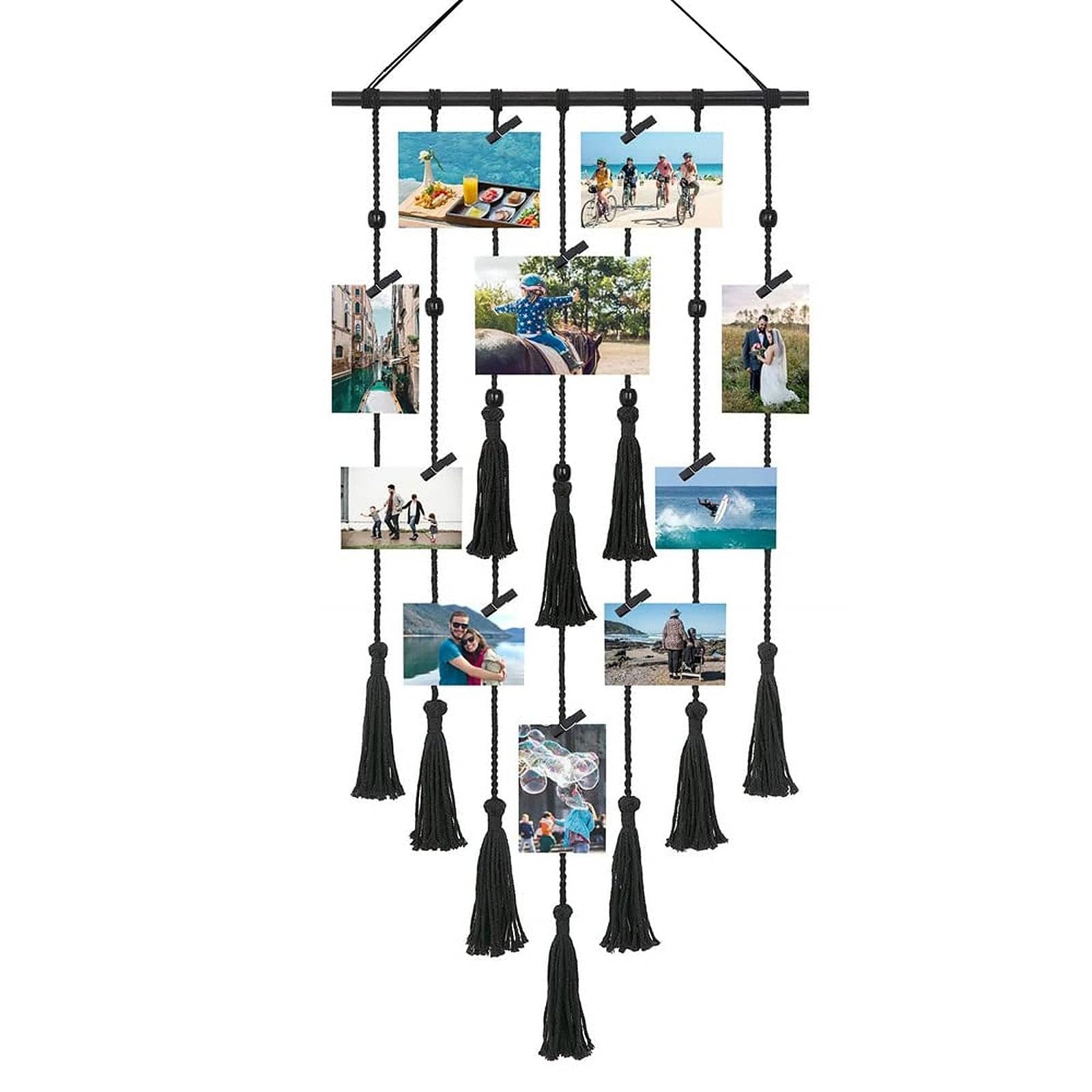 Large Hanging Photo Wall Display 108X43CM Boho Decor DIY Multiple Picture Frame Collage with 30 Clips and a Hook, Hanging Art Work or Crafts for Gallery/Hotel/Shop and Home Decoration (Black)