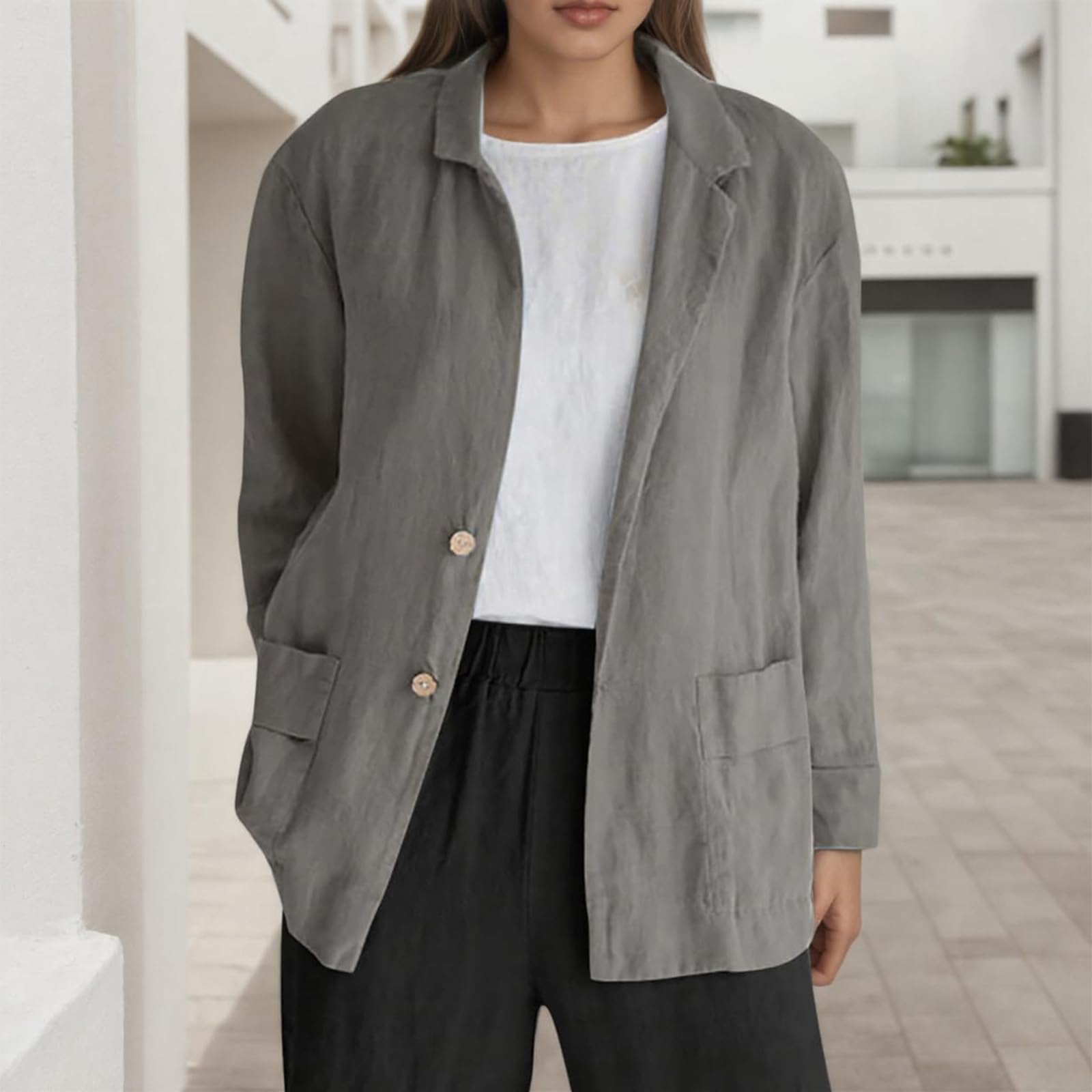 Mélange de coton et de lin doux décontracté pour vestes chemises boutonnées pour femmes, hauts d'automne légers à superposer en mélange de coton et de lin doux, décontracté pour vestes chemises