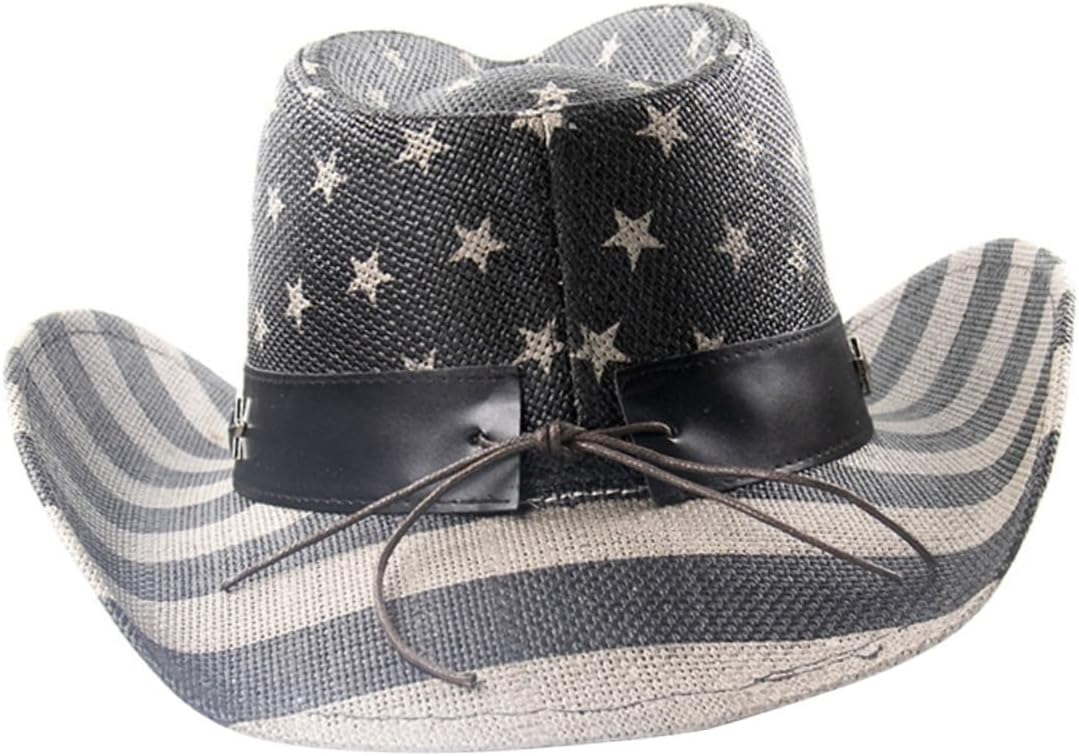 American Flag Cowboy Hat Wide Brim Straw Hat Unisex Vintage Western Patriotic 4th of July Independence Day Party Headwear Black