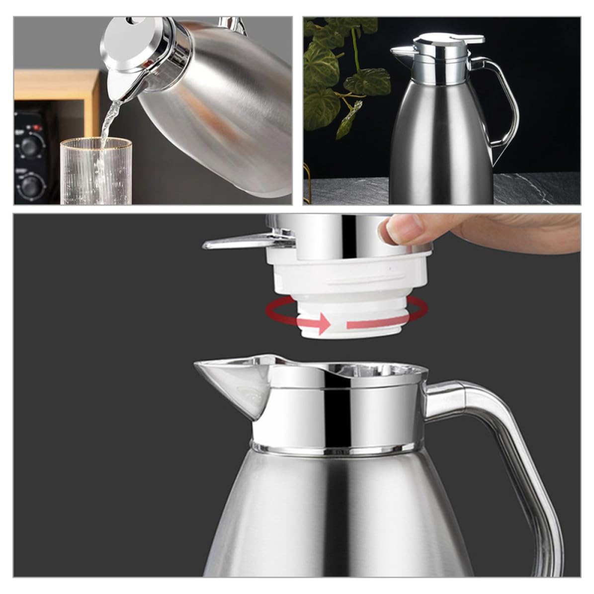Théière Isotherme en Acier Inoxydable 2,3 L Argenté, Grosse Capacité