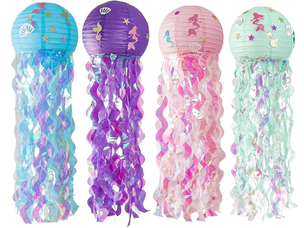 4 Stück Meerjungfrauen Papier Laterne,Quallen Papierlaternen,Papier Laterne,Hängedekoration Papier Lampions,Meerjungfrau Papierlaternen Deko,Partyzubehör mit Meeresmotiven Ozean Thema Party