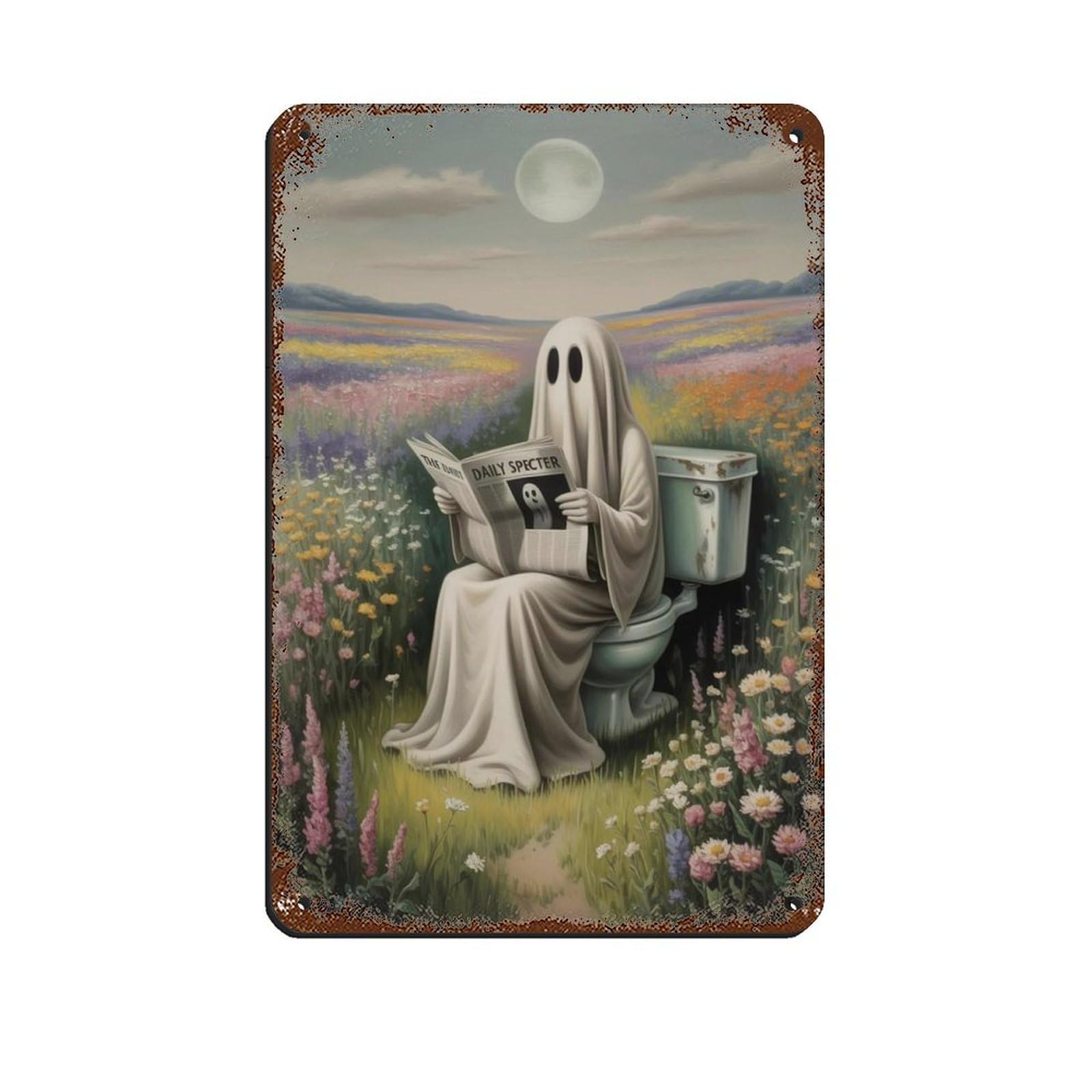 Ghost Reading A Newspaper with Flowers Poster Tin Sign Vintage Metal Pub Club Cafe Bar Home Wall Art Decoration Poster Retro 8x12inch(20x30cm)