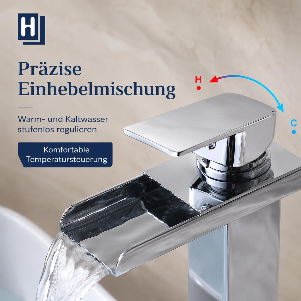 HOMELODY Rubinetto da bagno a cascata, miscelatore monocomando in ottone con beccuccio, altezza 260 mm, moderno miscelatore per lavandino, a risparmio energetico, cromato