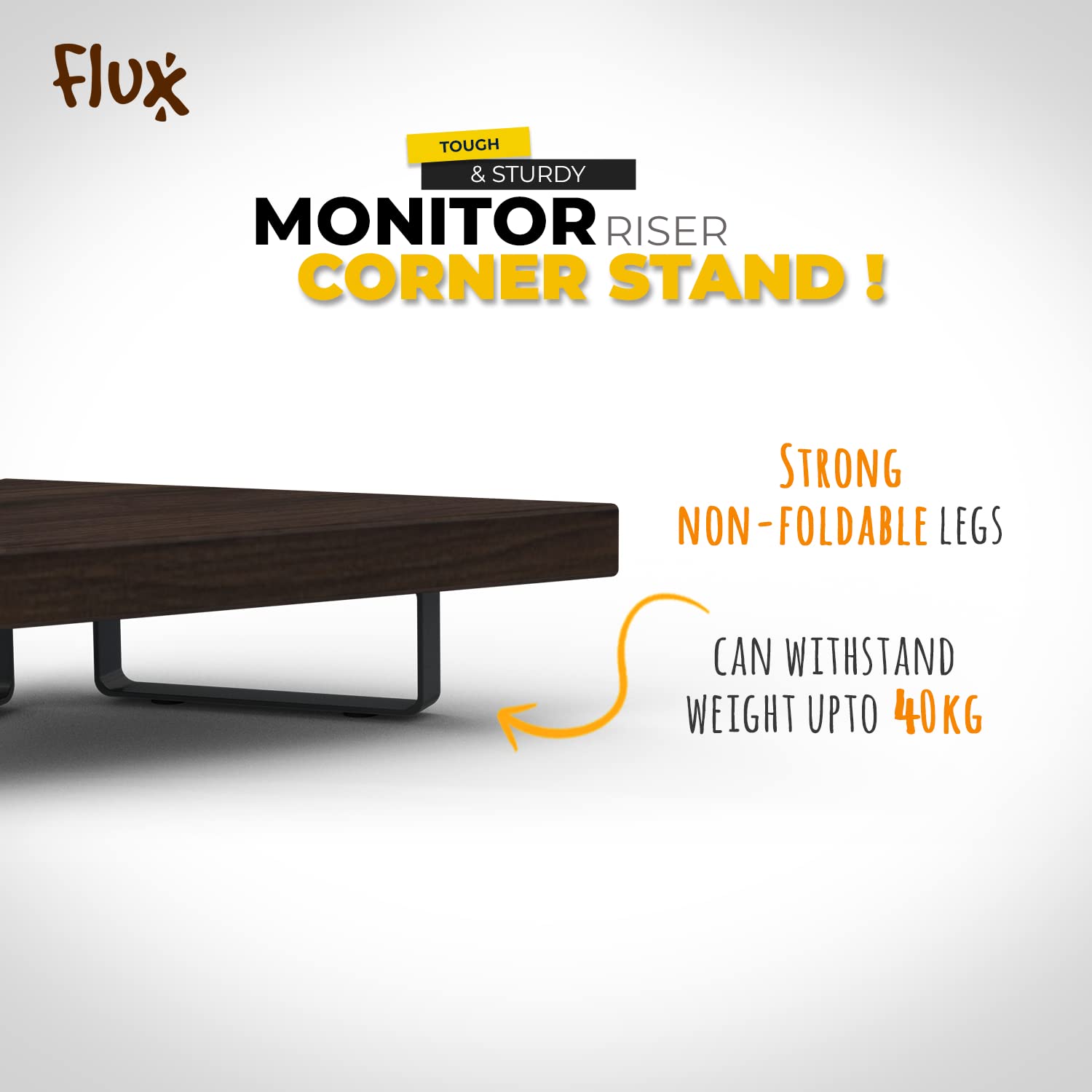 flux Wooden Monitor Stand | Monitor Stand Riser | Laptop Stand | Pc Stand Wooden | Made for Corners ,Material: Particle Board & Metal 23 Inch Shelf size -(45 x 25 x 8.5 cm) (Tringular Black Wenge) 1
