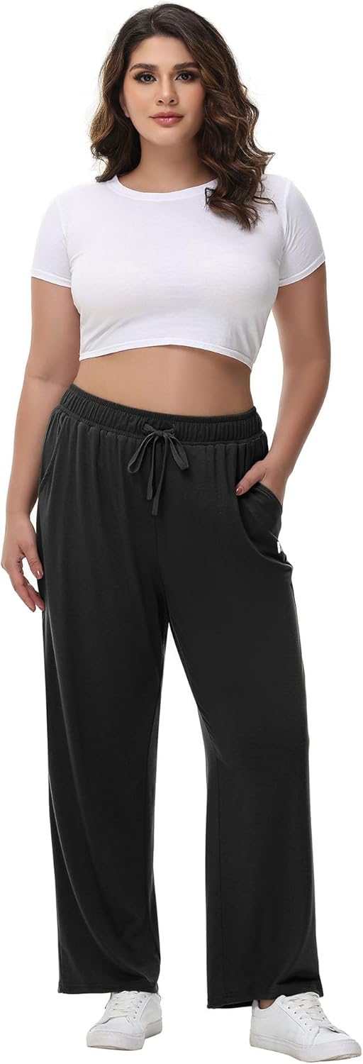Neer 3 Pack Women's Plus Size Pants with Back Pockets, Wide Leg Casual Pants High Waist Lounge Elastic Drawstring Yoga Jogger - Image 2