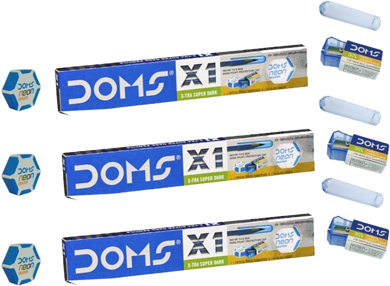 DOMS X1 Xtra Super Dark Pencil School Stationary Rubber Tipped Graphite ...