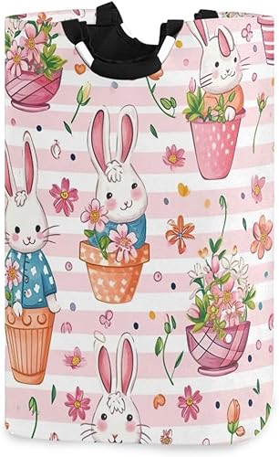 Nander Cesta de lavandería de tela Oxford con diseño de conejo, con asas circulares de aluminio, interior impermeable