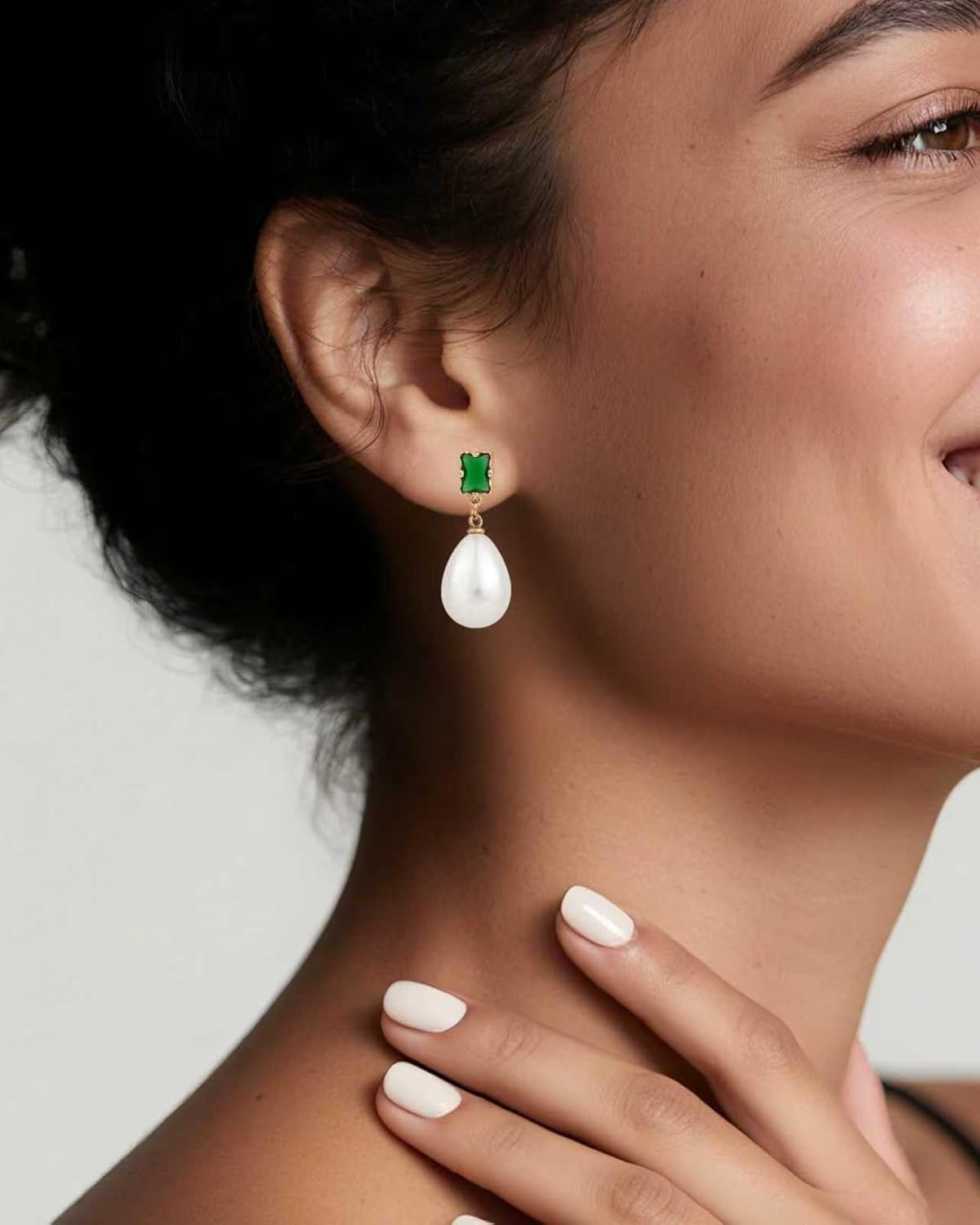 14k Gold Plated Emerald White Pearl Drop Dangle Studs Earrings Teardrop Vintage Square Stone Earrings for Women Brides and Bridesmaids - Image 5