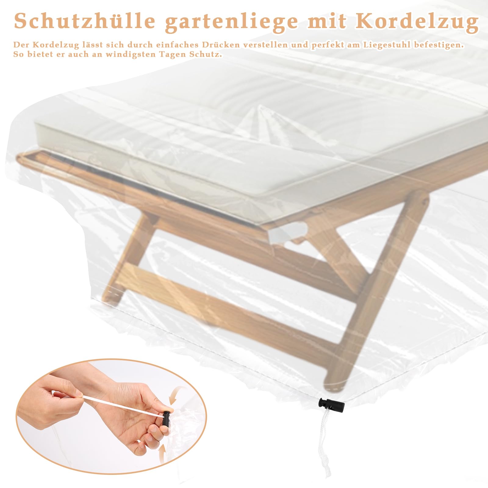 Housse de protection pour chaise longue de jardin, chaise longue, avec cordon de serrage, 200 x 70 x 75 cm, transparente, pour meubles de jardin, chaise longue, housse imperméable