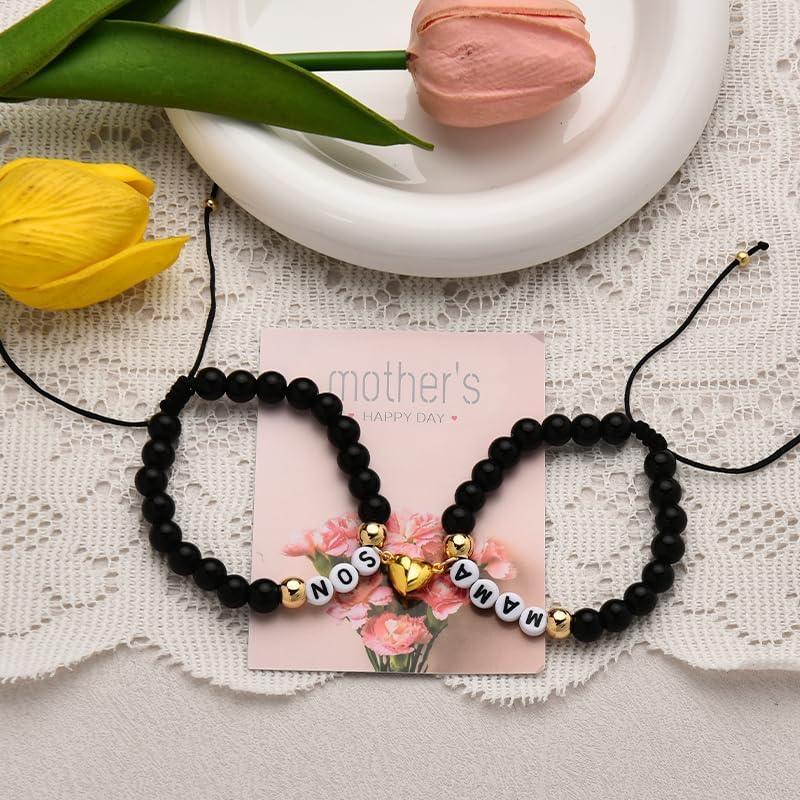 Black Mother and Son Bracelet Matching Heart Bracelets for Mama Son Birthday Gifts from Mom Mothers Day Gifts for Mom Mommy Mama Sons Bracelet Adjustable Bead Gift Set for 2 - Image 6