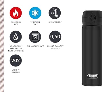 THERMOS 4035.232.050 Ultralight Thermos Flask, Black, 500 ml, Extremely Lightweight, 210 g, Drinking Bottle, Dishwasher Safe, Thermos Flask Keeps Hot for 10 Hours, Cold for 20 Hours, BPA-Free