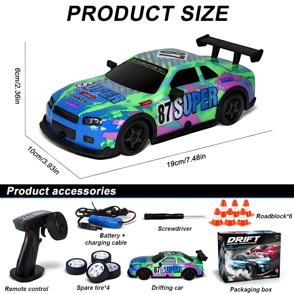 KBIBCK RC Drift Car 1:22, 2.4Ghz Remote Control Car with Cool Lights & Spare Tires, 30km/h High Speed 4WD Racing RC Drifting Cars, Rechargeable RCs Racing Cars for Adults Kids Drift and Race (Green) - Image 2