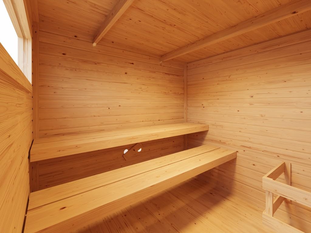 Karibu Gartensauna 396,1x224,9x212,4cm│Außensauna mit Vorraum│mit bronzierter Glastür & 2 Liegen│Fronteinstieg│Massivholz│für 2–4 Personen + Boden