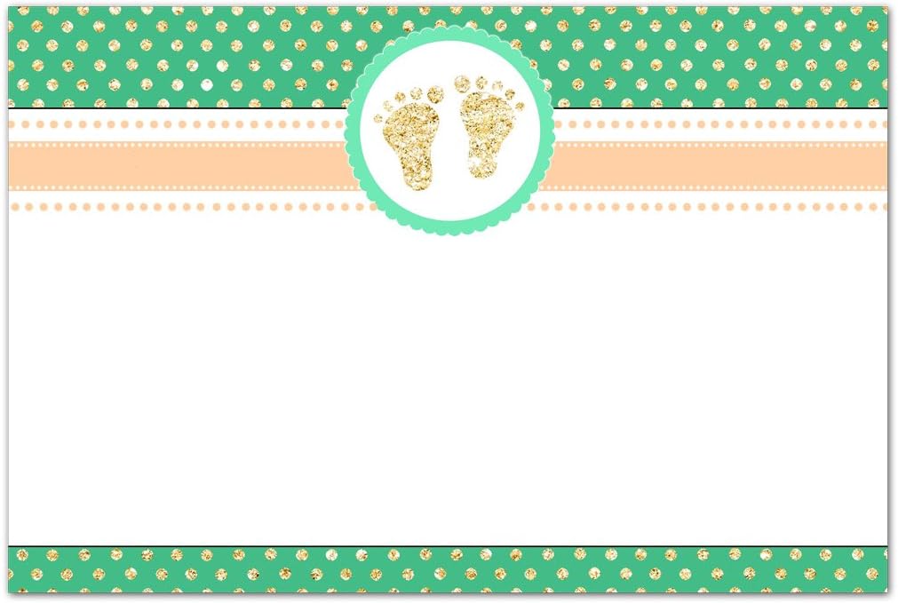 30 Blank Cards Invitations Thank You Cards Baby Shower Green Gold Footprints + 30 White Envelopes