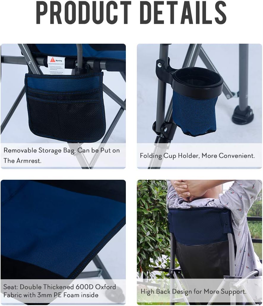 Homcosan Portable Camping Chair Folding Quad Outdoor Large Heavy Duty Support 330 lbs Thicken 600D Oxford with Padded Armrests, Storage Bag, Beverage Holder, Carry Bag for Outside(Blue): Kitchen & Dining