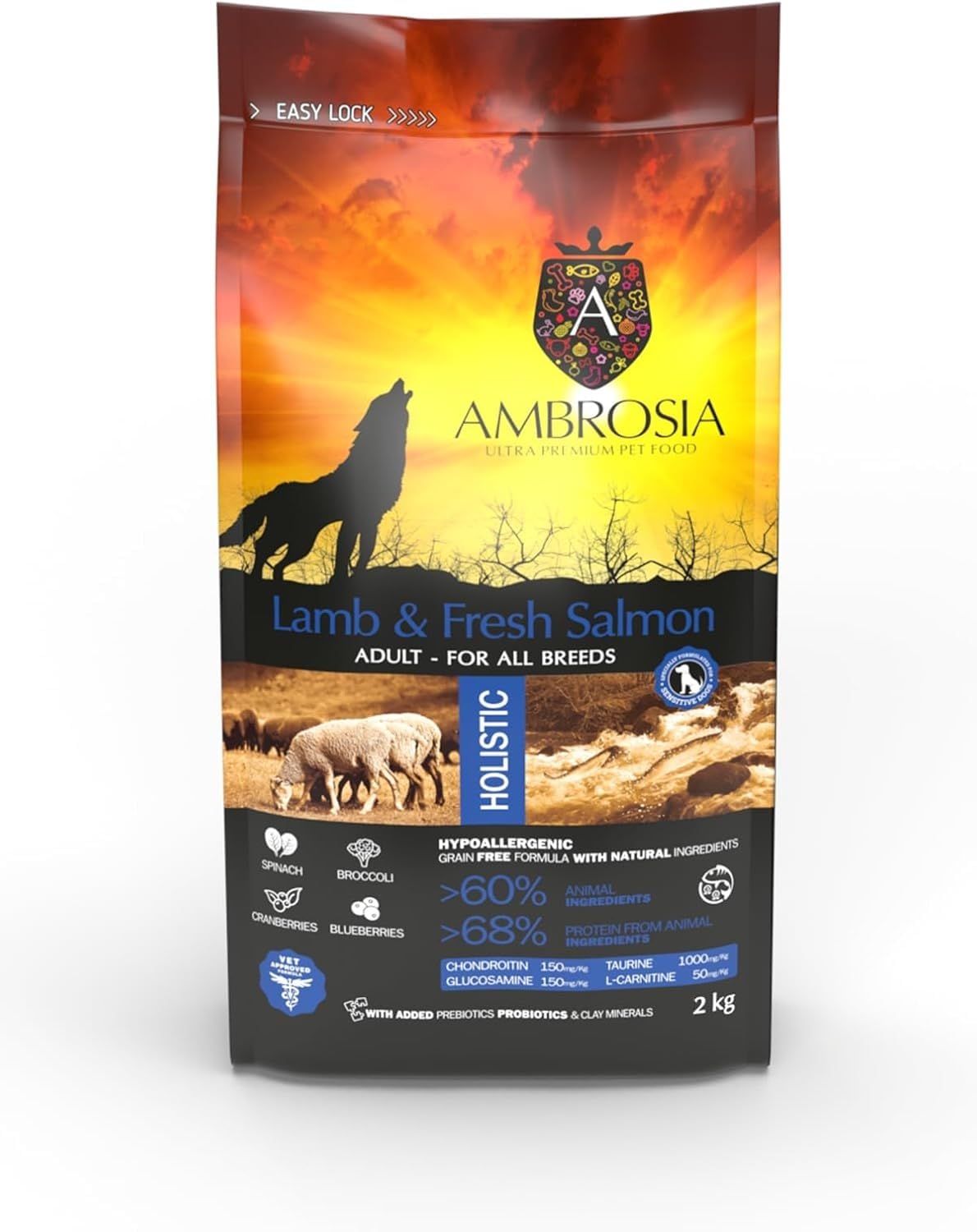 Alimentos secos para perros de Ambrosia Ultra Premium Pet Food: 2kg de comida para perros sin granos, comida para perros con alta proteína, comida hipoalergénica para perros, cordero y salmón fresco