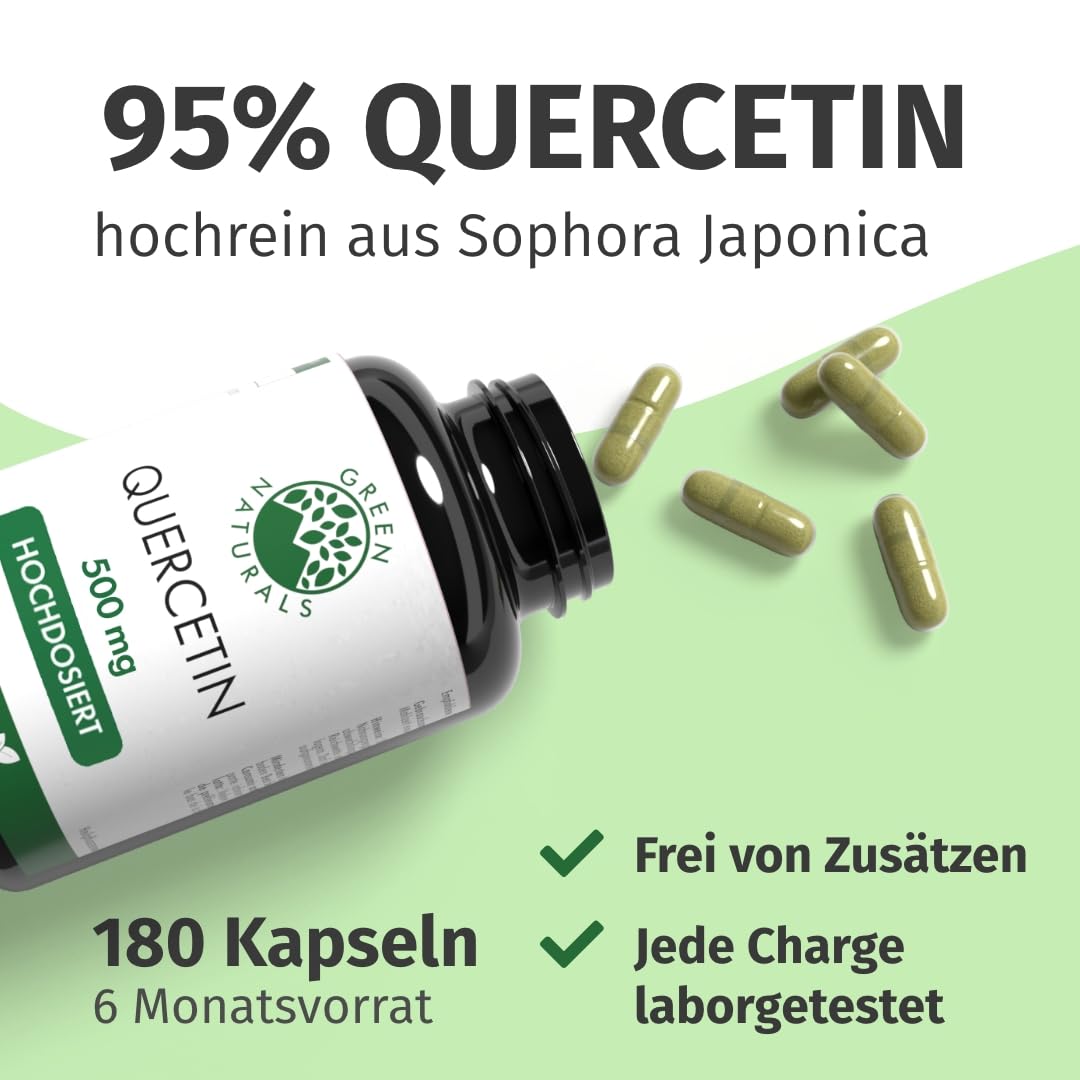 Green Naturals® Quercetin Kapseln – 500 mg Quercetin pro Kapsel – hochrein aus Sophora japonica (Blütenknospen) – vegan & ohne Zusätze – 180 Kapseln für 6 Monate