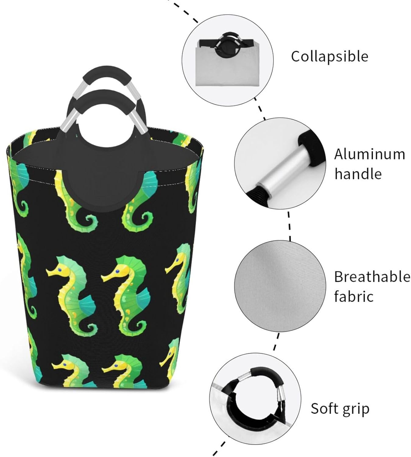 Minimalist Seahorse Foldable storage bag, 50L capacity, suitable for laundry room, dormitory bedroom, dirty clothes storage basket.