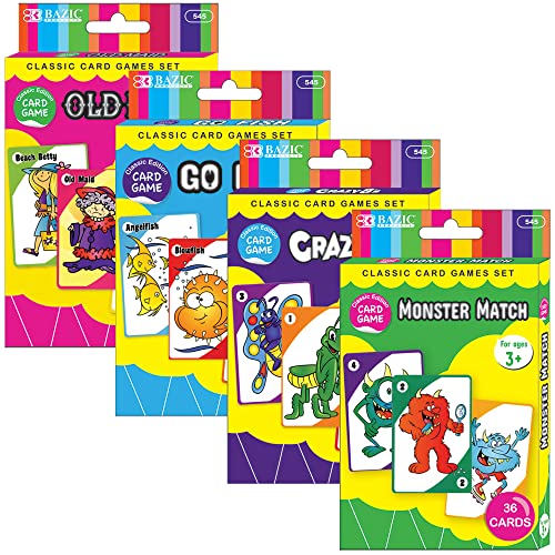 BAZIC Assorted Card Games, Number Picture Board Game Set, Go Fish, Monster Match, Old Maid, Crazy 8's (36/Pack), 72-Packs