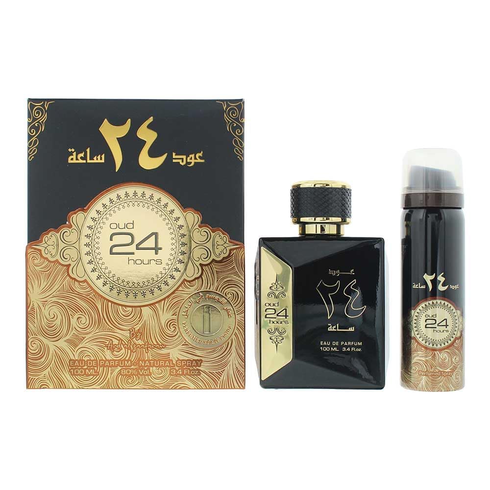 Oud 24 Hours 2 Piece Set for Unisex, (3.4 Ounce Eau De Parfum Spray + 1.6 Ounce Deodorant Spray)