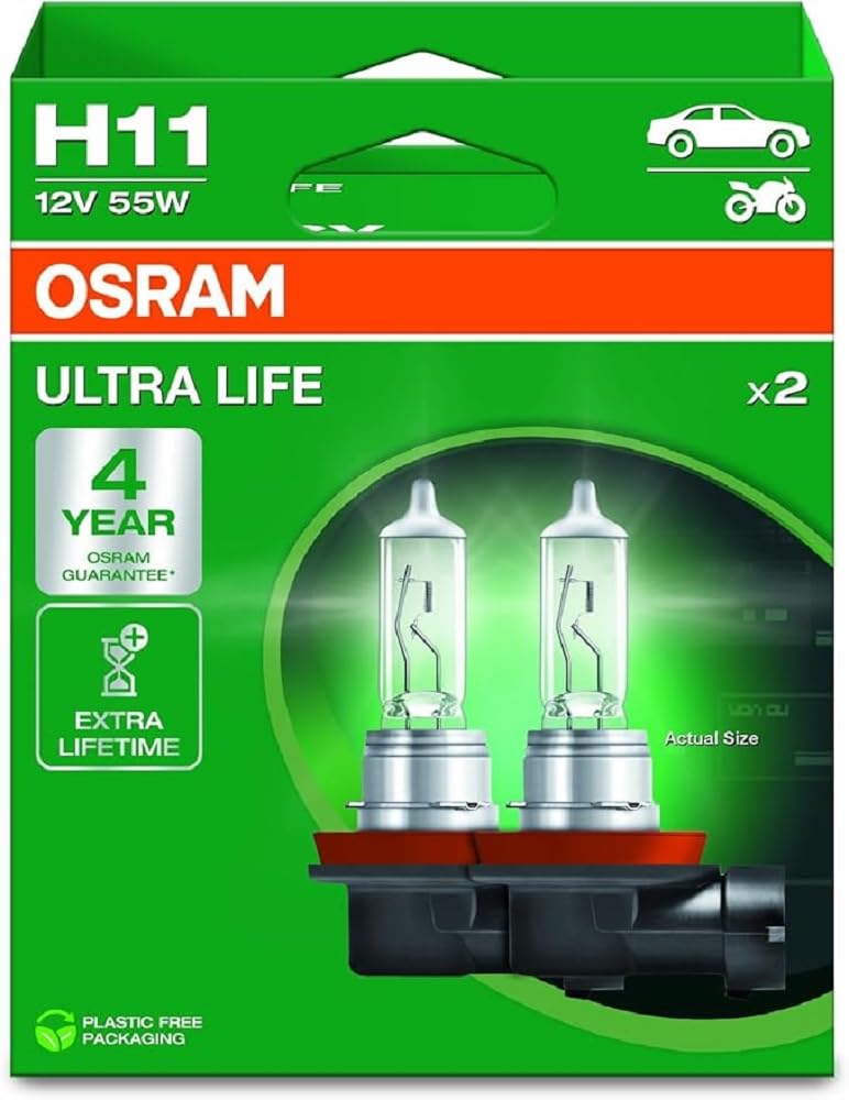 OSRAM ULTRA LIFE, H11, lampade alogene per fari, scatola pieghevole sospesa (2 lampade)
