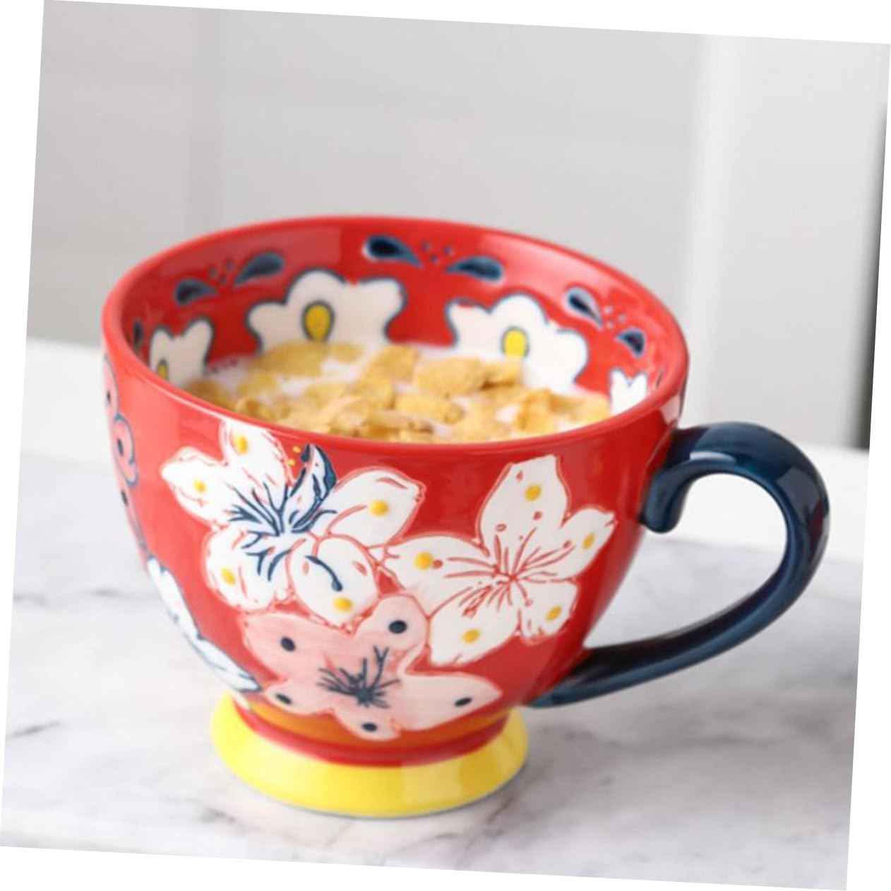 Keramik Frühstückstasse mit Prägung, Handbemalt, Rot, Einfaches Design | Glatter Rand, Bequemer Griff, Leicht zu Reinigen, für Kaffee, Tee, Müsli und Joghurt
